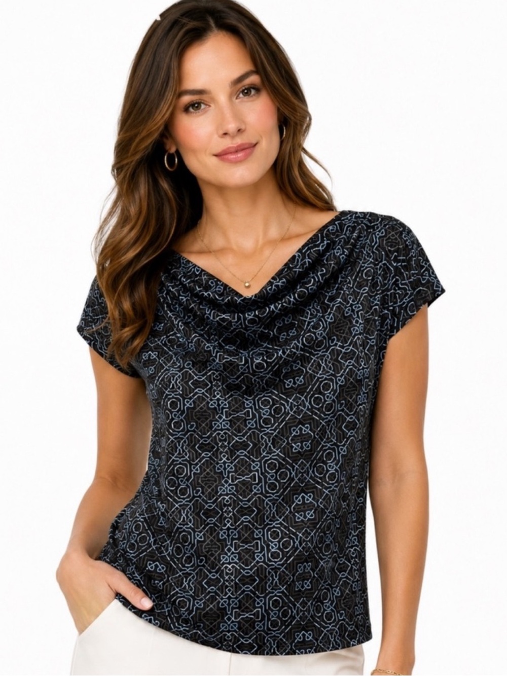 A Line Black Geometric Cowl Neck Top Size S